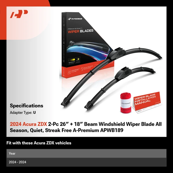2024 Acura ZDX 2-Pc 26″ + 18″ Beam Windshield Wiper Blade All Season, Quiet, Streak Free A-Premium APWB189