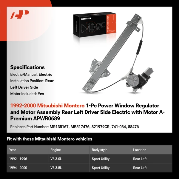 1992-2000 Mitsubishi Montero 1-Pc Power Window Regulator and Motor Assembly Rear Left Driver Side Electric with Motor A-Premium APWR0689