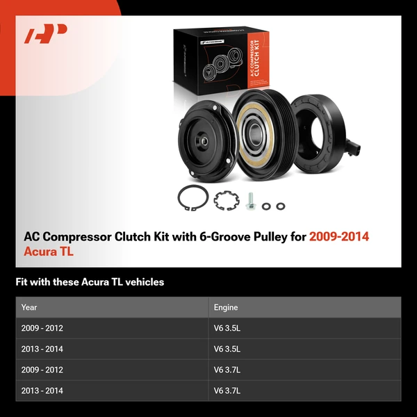 AC Compressor Clutch Kit with 6-Groove Pulley for 2009-2014 Acura TL