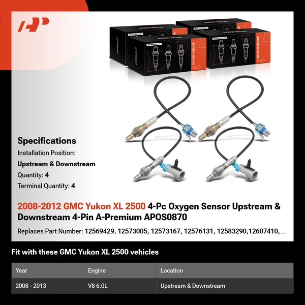 2008-2012 GMC Yukon XL 2500 4-Pc Oxygen Sensor Upstream & Downstream 4-Pin A-Premium APOS0870