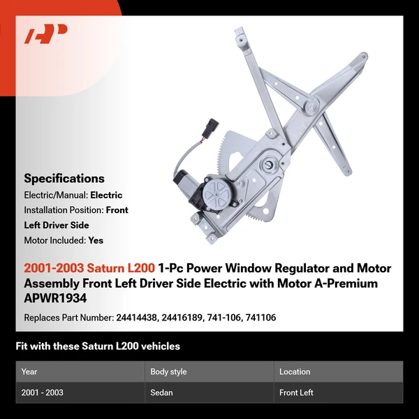 2001-2003 Saturn L200 1-Pc Power Window Regulator and Motor Assembly Front Left Driver Side Electric with Motor A-Premium APWR1934
