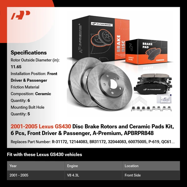 2001-2005 Lexus GS430 Disc Brake Rotors and Ceramic Pads Kit, 6 Pcs, Front Driver & Passenger, A-Premium, APBRPR848