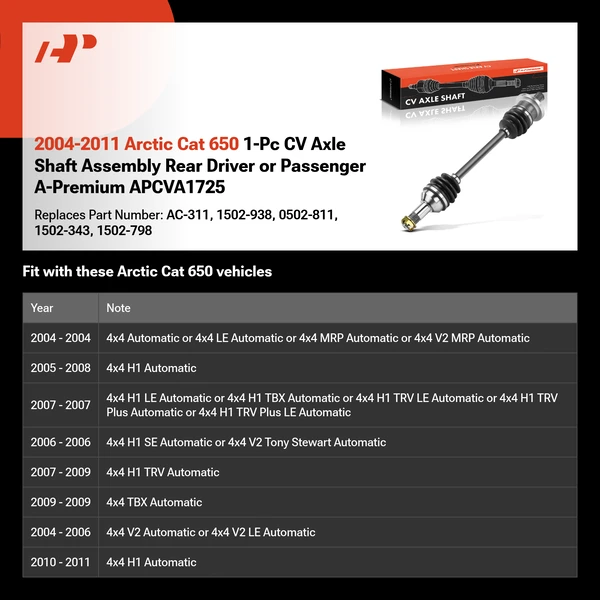 2004-2011 Arctic Cat 650 1-Pc CV Axle Shaft Assembly Rear Driver or Passenger A-Premium APCVA1725