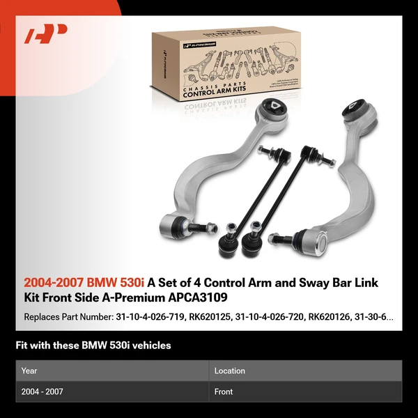 2004-2007 BMW 530i A Set of 4 Control Arm and Sway Bar Link Kit Front Side A-Premium APCA3109