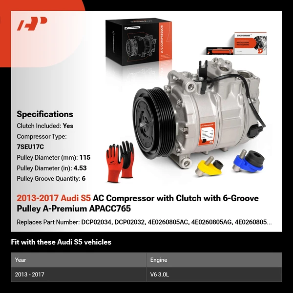 2013-2017 Audi S5 AC Compressor with Clutch with 6-Groove Pulley A-Premium APACC765