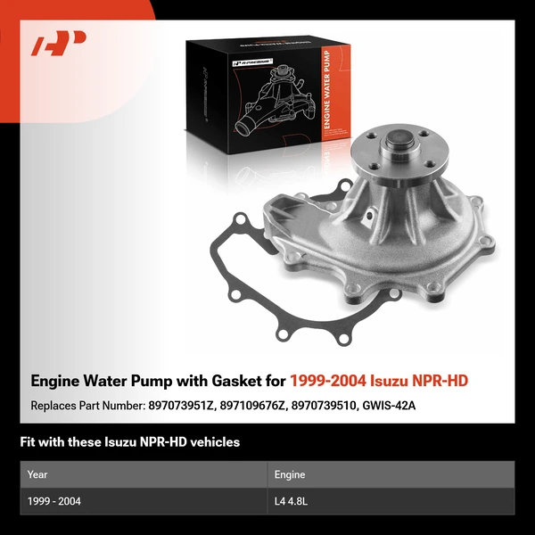 Engine Water Pump with Gasket for 1999-2004 Isuzu NPR-HD