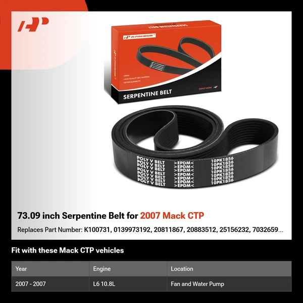73.09 inch Serpentine Belt for 2007 Mack CTP