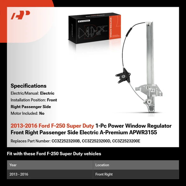 2013-2016 Ford F-250 Super Duty 1-Pc Power Window Regulator Front Right Passenger Side Electric A-Premium APWR3155