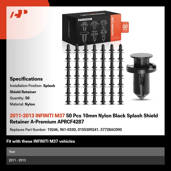 2011-2013 INFINITI M37 50 Pcs 10mm Nylon Black Splash Shield Retainer A-Premium APRCF4287
