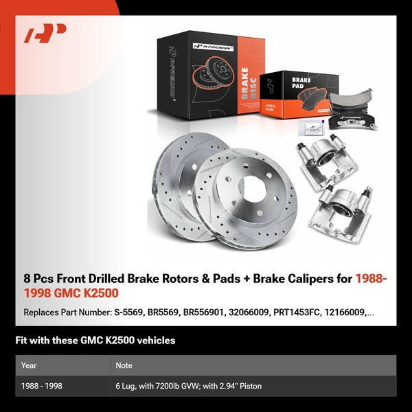 8 Pcs Front Drilled Brake Rotors & Pads + Brake Calipers for 1988-1998 GMC K2500