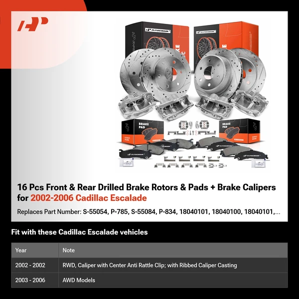 16 Pcs Front & Rear Drilled Brake Rotors & Pads + Brake Calipers for 2002-2006 Cadillac Escalade