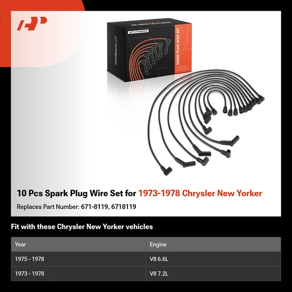 10 Pcs Spark Plug Wire Set for 1973-1978 Chrysler New Yorker