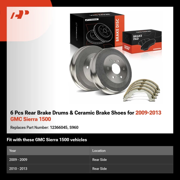 6 Pcs Rear Brake Drums & Ceramic Brake Shoes for 2009-2013 GMC Sierra 1500