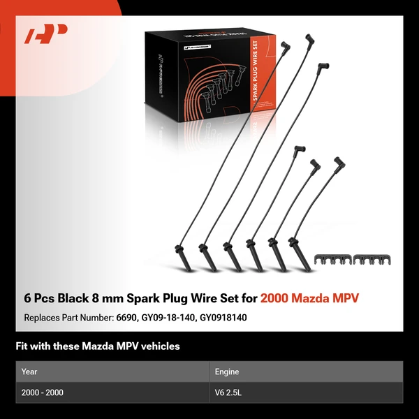 6 Pcs Black 8 mm Spark Plug Wire Set for 2000 Mazda MPV