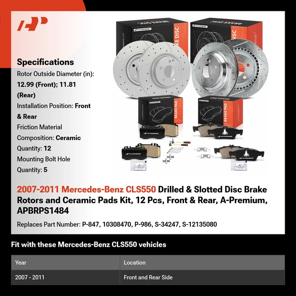 2007-2011 Mercedes-Benz CLS550 Drilled & Slotted Disc Brake Rotors and Ceramic Pads Kit, 12 Pcs, Front & Rear, A-Premium, APBRPS1484