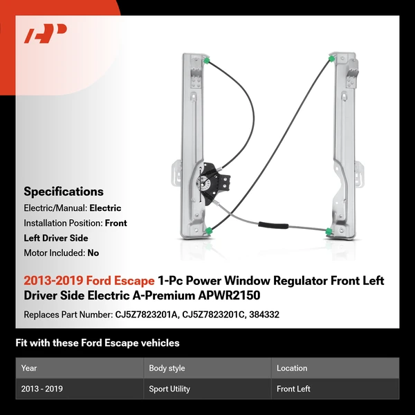 2013-2019 Ford Escape 1-Pc Power Window Regulator Front Left Driver Side Electric A-Premium APWR2150