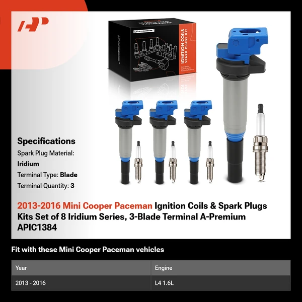 2013-2016 Mini Cooper Paceman Ignition Coils & Spark Plugs Kits Set of 8 Iridium Series, 3-Blade Terminal A-Premium APIC1384