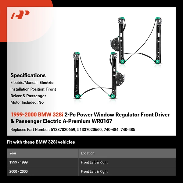1999-2000 BMW 328i 2-Pc Power Window Regulator Front Driver & Passenger Electric A-Premium WR0167