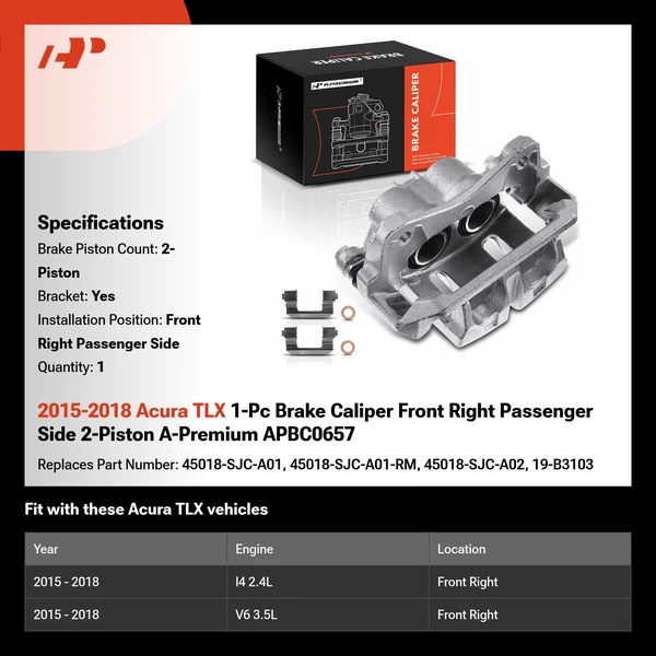 2015-2018 Acura TLX 1-Pc Brake Caliper Front Right Passenger Side 2-Piston A-Premium APBC0657