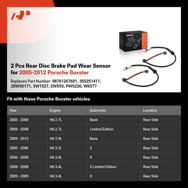 2 Pcs Rear Disc Brake Pad Wear Sensor for 2005-2012 Porsche Boxster