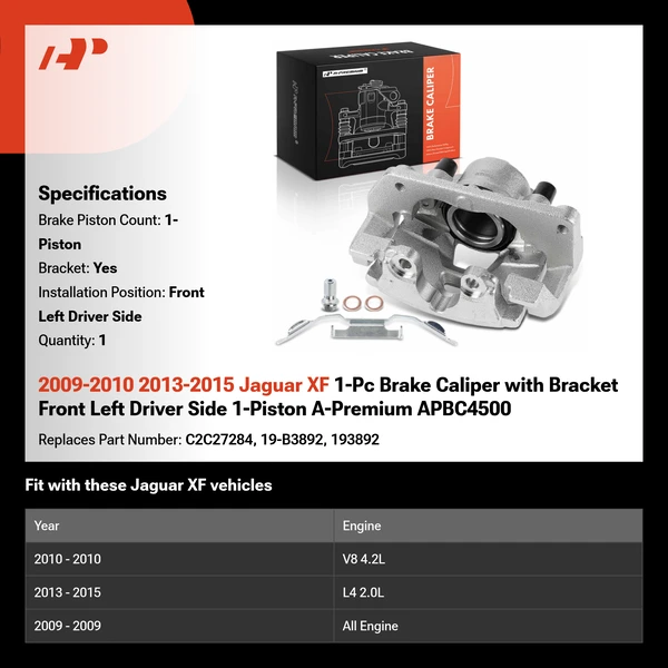 2009-2010 2013-2015 Jaguar XF 1-Pc Brake Caliper with Bracket Front Left Driver Side 1-Piston A-Premium APBC4500