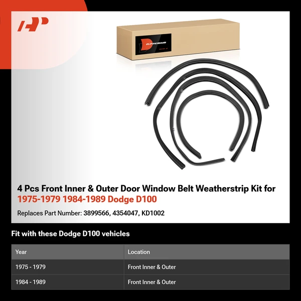 4 Pcs Front Inner & Outer Door Window Belt Weatherstrip Kit for 1975-1979 1984-1989 Dodge D100