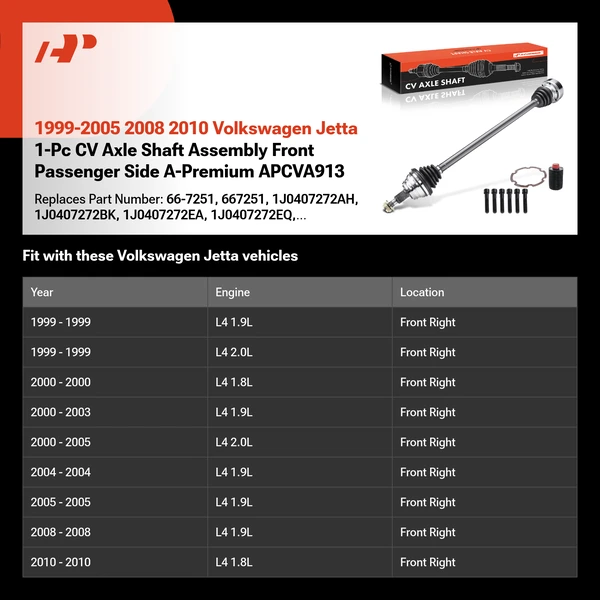 1999-2005 2008 2010 Volkswagen Jetta 1-Pc CV Axle Shaft Assembly Front Passenger Side A-Premium APCVA913