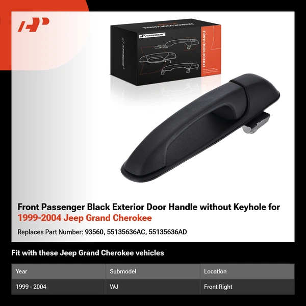 Front Passenger Black Exterior Door Handle without Keyhole for 1999-2004 Jeep Grand Cherokee