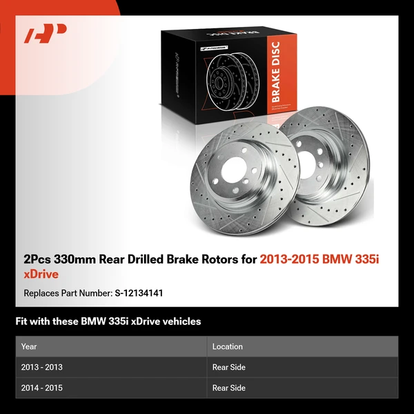 2Pcs 330mm Rear Drilled Brake Rotors for 2013-2015 BMW 335i xDrive