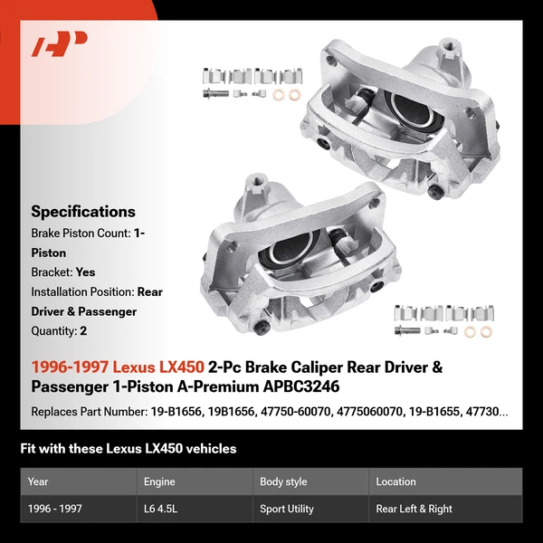 1996-1997 Lexus LX450 2-Pc Brake Caliper Rear Driver & Passenger 1-Piston A-Premium APBC3246