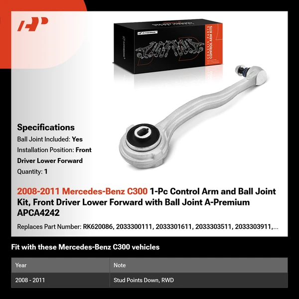 2008-2011 Mercedes-Benz C300 1-Pc Control Arm and Ball Joint Kit, Front Driver Lower Forward with Ball Joint A-Premium APCA4242