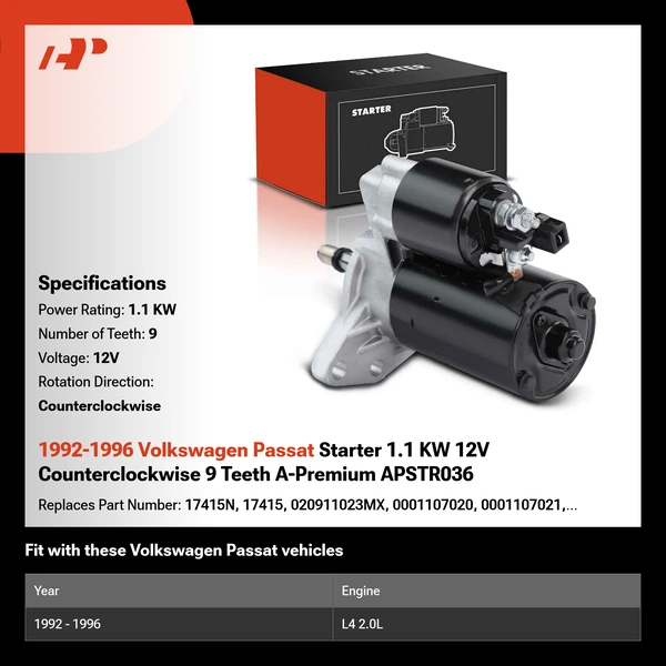 1992-1996 Volkswagen Passat Starter 1.1 KW 12V Counterclockwise 9 Teeth A-Premium APSTR036