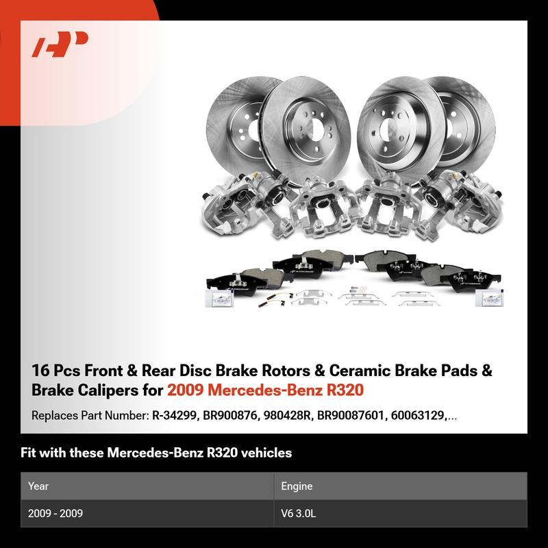 16 Pcs Front & Rear Disc Brake Rotors & Ceramic Brake Pads & Brake Calipers for 2009 Mercedes-Benz R320