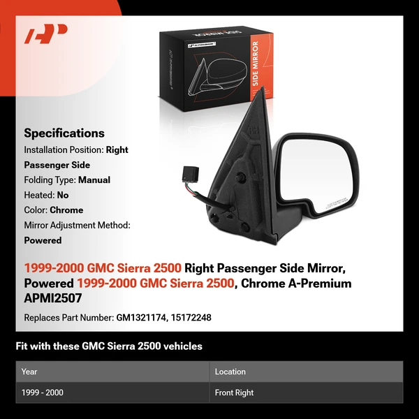 1999-2000 GMC Sierra 2500 Right Passenger Side Mirror, Powered 1999-2000 GMC Sierra 2500, Chrome A-Premium APMI2507