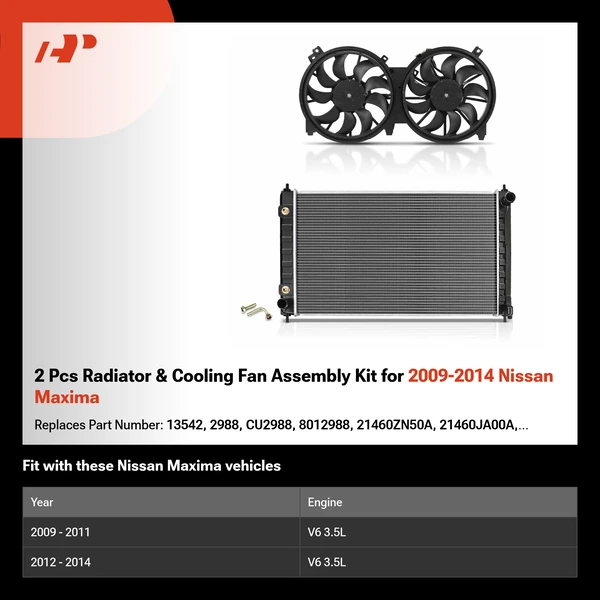 2 Pcs Radiator & Cooling Fan Assembly Kit for 2009-2014 Nissan Maxima