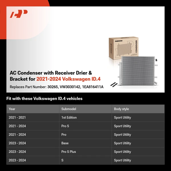 AC Condenser with Receiver Drier & Bracket for 2021-2024 Volkswagen ID.4