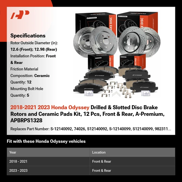 2018-2021 2023 Honda Odyssey Drilled & Slotted Disc Brake Rotors and Ceramic Pads Kit, 12 Pcs, Front & Rear, A-Premium, APBRPS1328