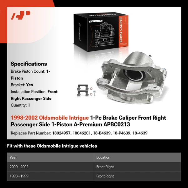 1998-2002 Oldsmobile Intrigue 1-Pc Brake Caliper Front Right Passenger Side 1-Piston A-Premium APBC0213