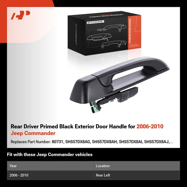 Rear Driver Primed Black Exterior Door Handle for 2006-2010 Jeep Commander