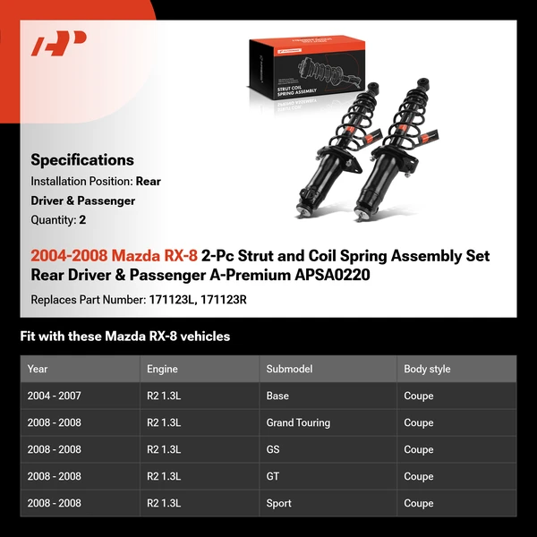 2004-2008 Mazda RX-8 2-Pc Strut and Coil Spring Assembly Set Rear Driver & Passenger A-Premium APSA0220