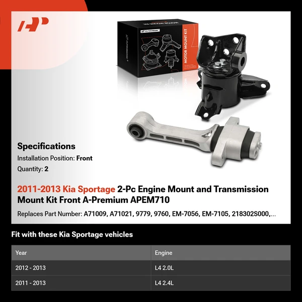 2011-2013 Kia Sportage 2-Pc Engine Mount and Transmission Mount Kit Front A-Premium APEM710