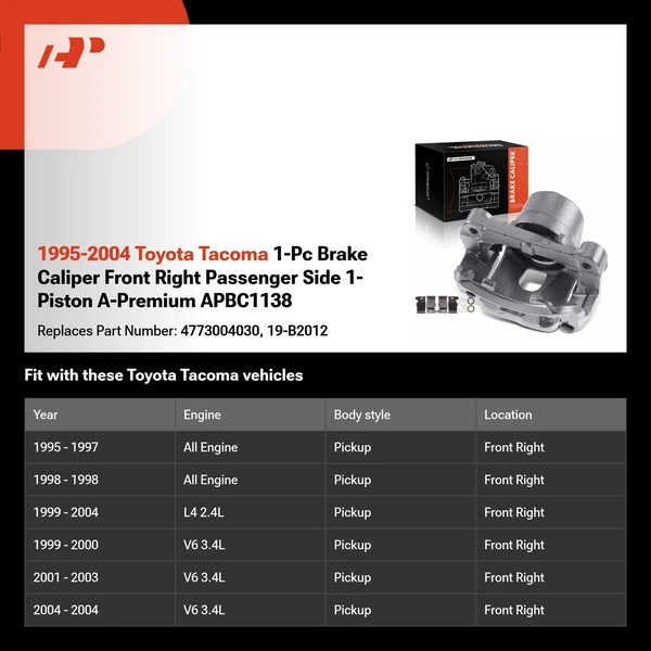 1995-2004 Toyota Tacoma 1-Pc Brake Caliper Front Right Passenger Side 1-Piston A-Premium APBC1138