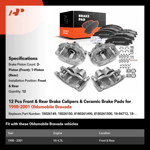 12 Pcs Front & Rear Brake Calipers & Ceramic Brake Pads for 1998-2001 Oldsmobile Bravada