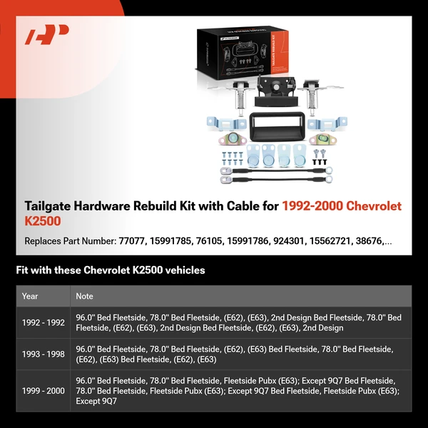 Tailgate Hardware Rebuild Kit with Cable for 1992-2000 Chevrolet K2500