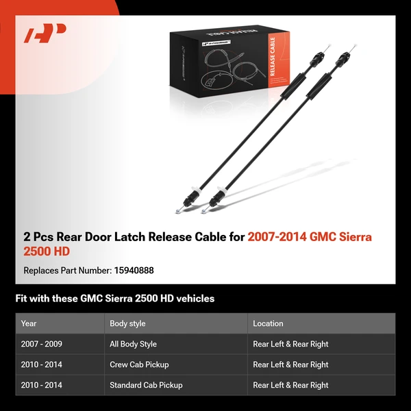 2 Pcs Rear Door Latch Release Cable for 2007-2014 GMC Sierra 2500 HD