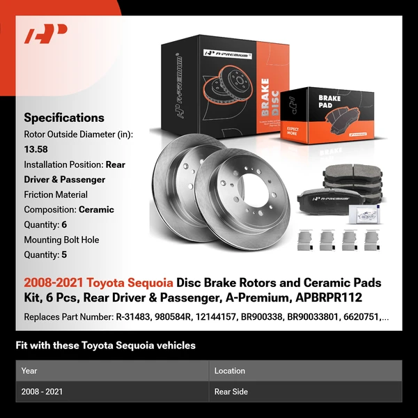 2008-2021 Toyota Sequoia Disc Brake Rotors and Ceramic Pads Kit, 6 Pcs, Rear Driver & Passenger, A-Premium, APBRPR112