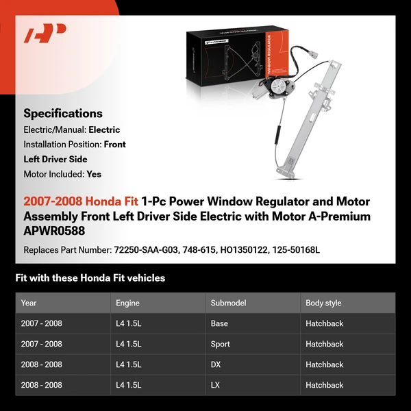 2007-2008 Honda Fit 1-Pc Power Window Regulator and Motor Assembly Front Left Driver Side Electric with Motor A-Premium APWR0588