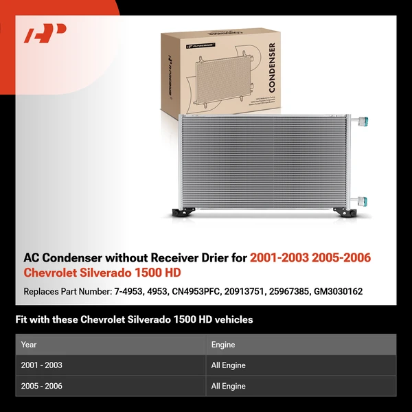 AC Condenser without Receiver Drier for 2001-2003 2005-2006 Chevrolet Silverado 1500 HD