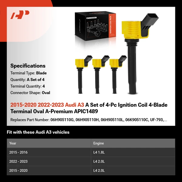 2015-2020 2022-2023 Audi A3 A Set of 4-Pc Ignition Coil 4-Blade Terminal Oval A-Premium APIC1489