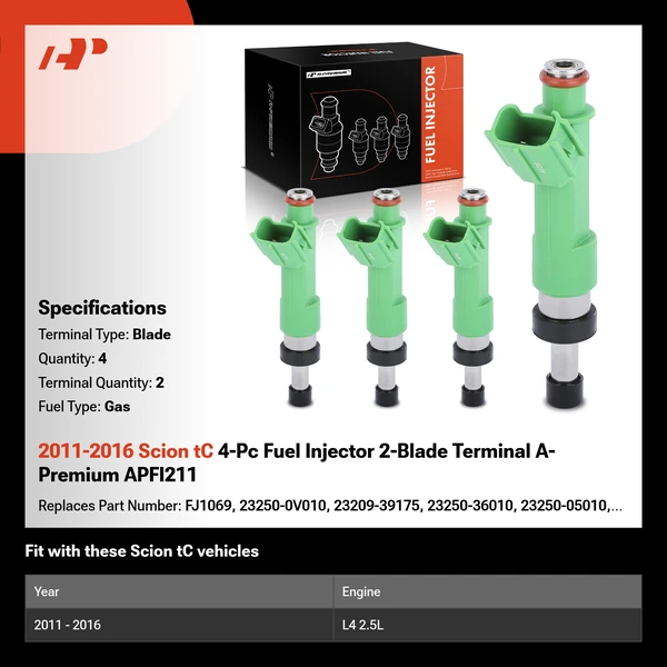 2011-2016 Scion tC 4-Pc Fuel Injector 2-Blade Terminal A-Premium APFI211